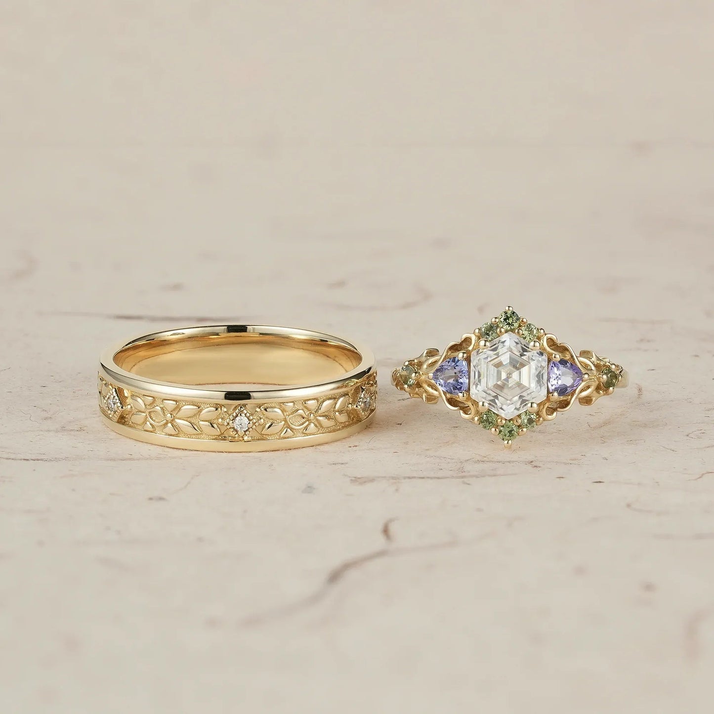 Three - Stone Moissanite Leaf Couple Rings - Together Forevermore - GemsMagic