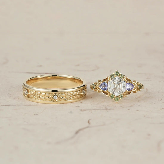 Three - Stone Moissanite Leaf Couple Rings - Together Forevermore - GemsMagic