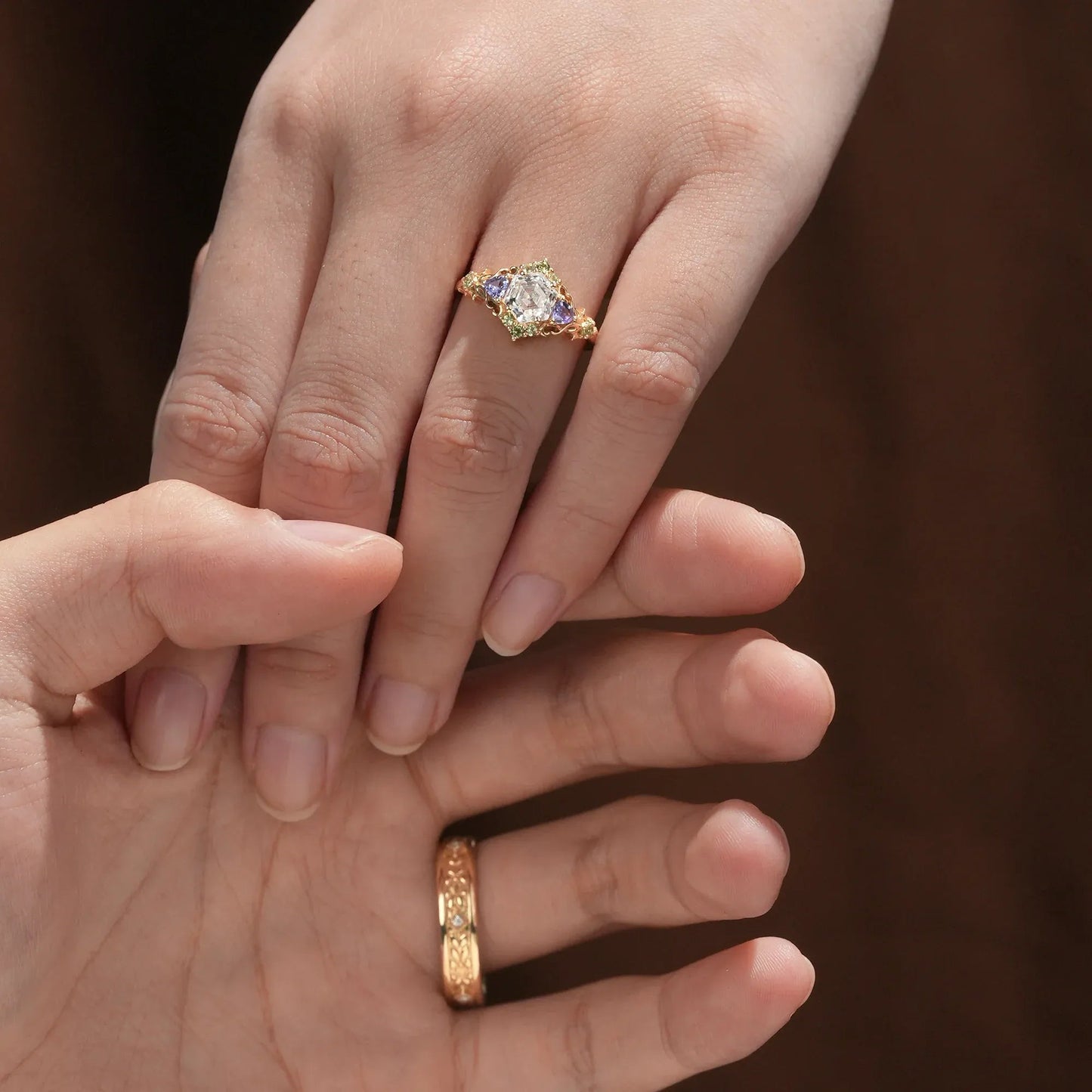Three - Stone Moissanite Leaf Couple Rings - Together Forevermore - GemsMagic