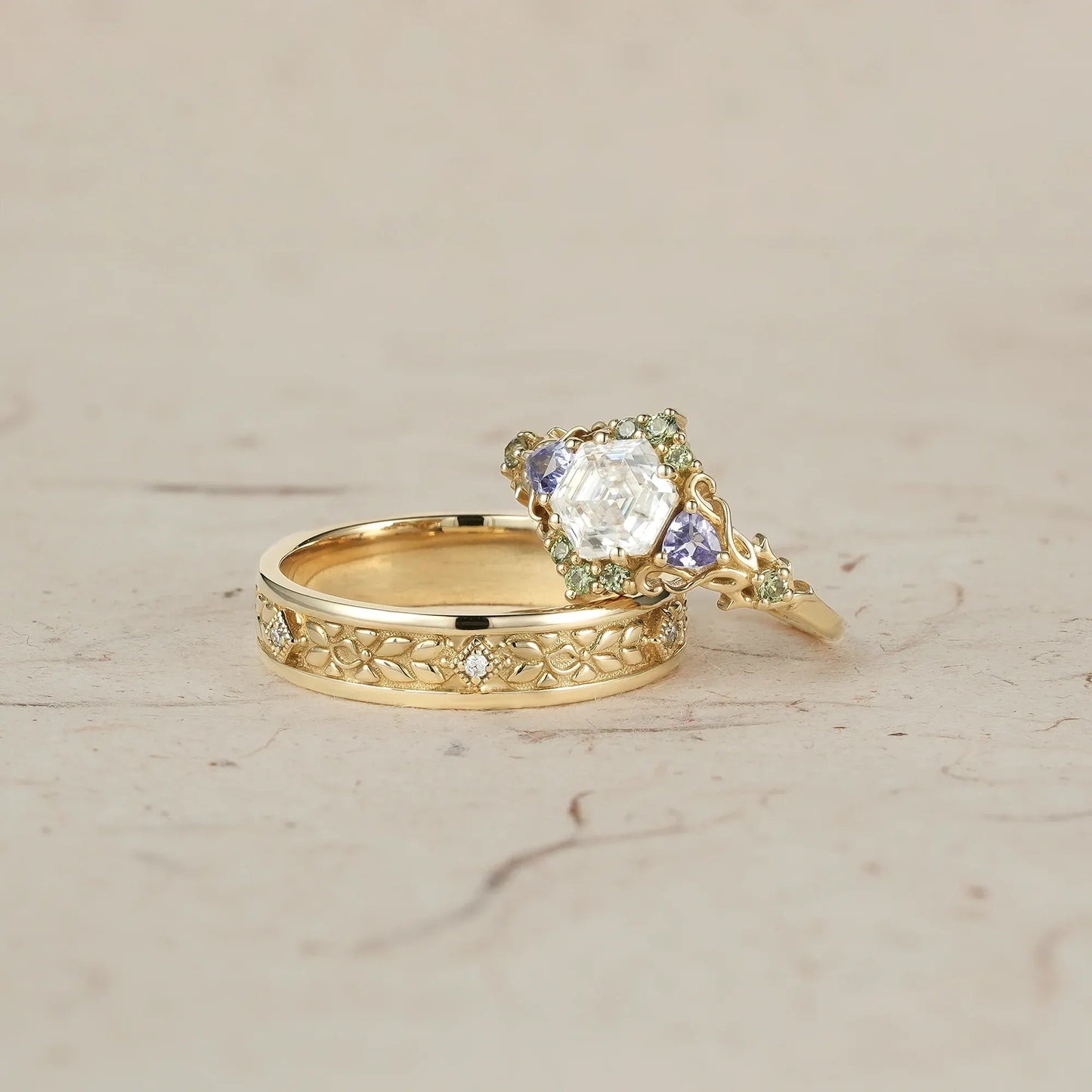 Three - Stone Moissanite Leaf Couple Rings - Together Forevermore - GemsMagic