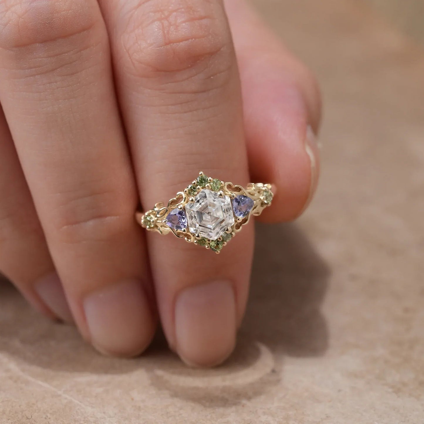 Three - Stone Moissanite Leaf Ring - Serena - GemsMagic