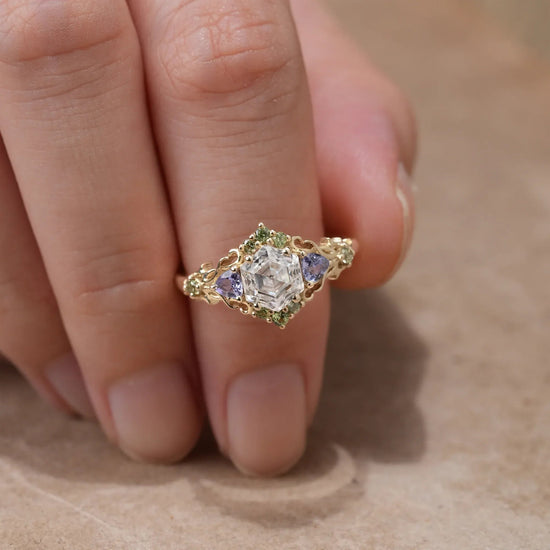 Three - Stone Moissanite Leaf Ring - Serena - GemsMagic