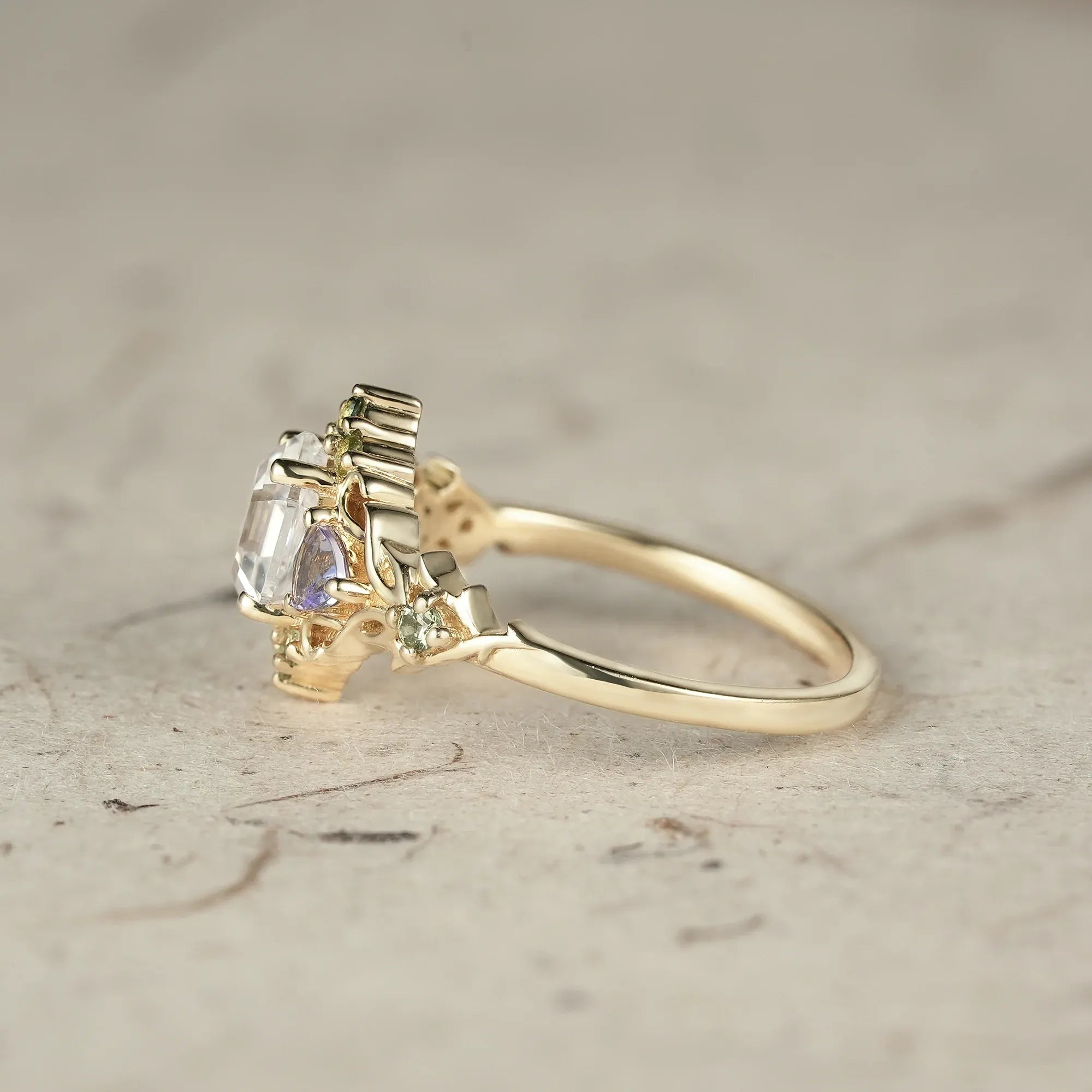 Three - Stone Moissanite Leaf Ring - Serena - GemsMagic