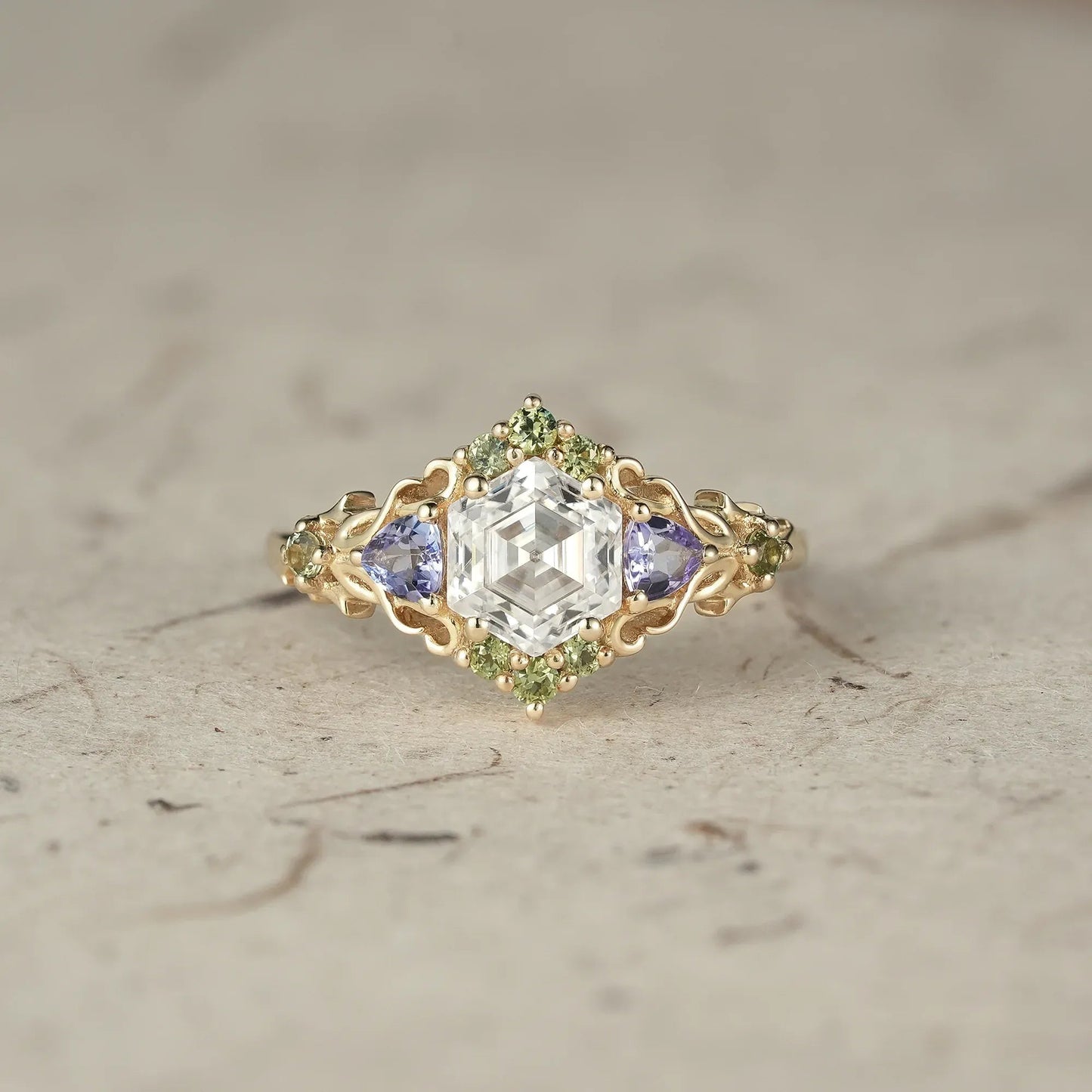 Three - Stone Moissanite Leaf Ring - Serena - GemsMagic