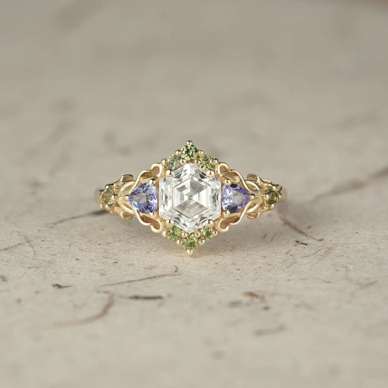Three - Stone Moissanite Leaf Ring - Serena - GemsMagic