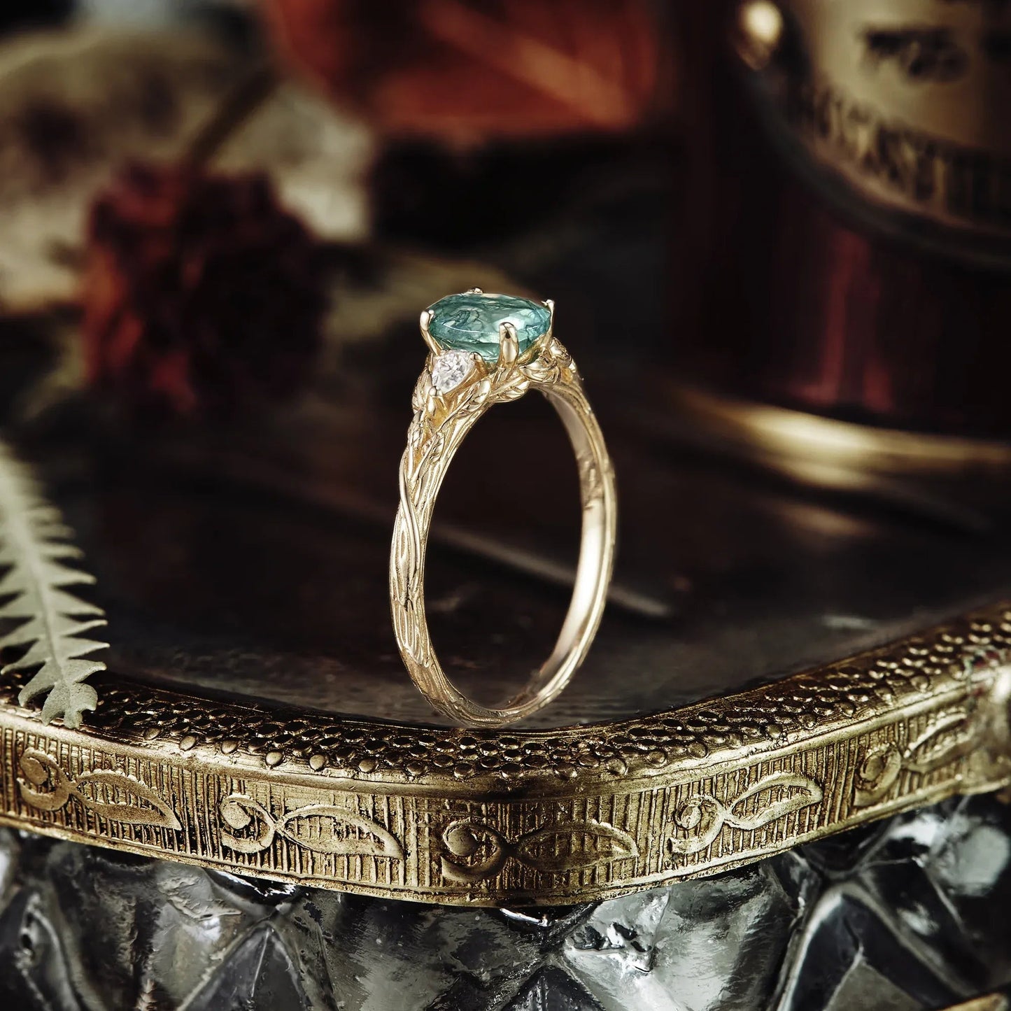 Three - Stone Moss Agate and Moissanite Ring - Elowen - GemsMagic