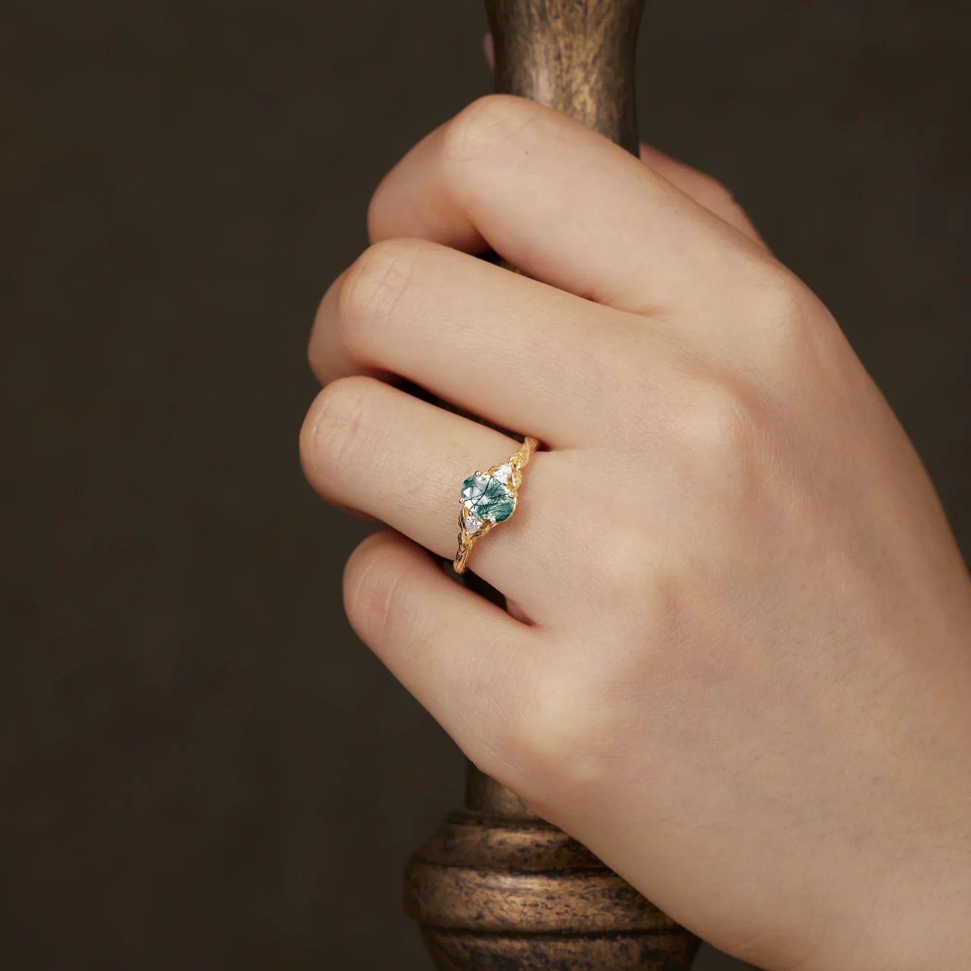 Three - Stone Moss Agate and Moissanite Ring - Elowen - GemsMagic