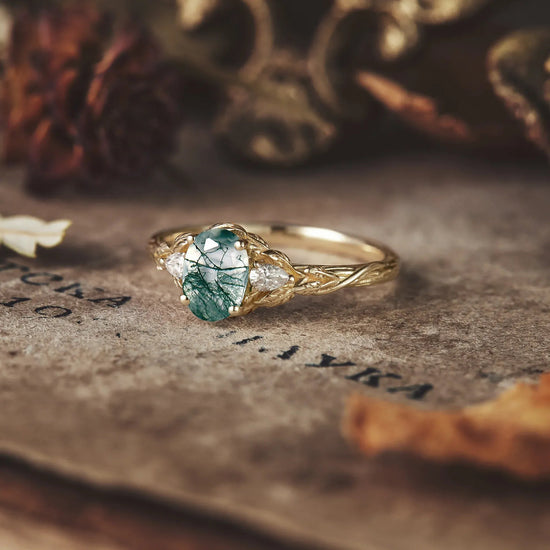 Three - Stone Moss Agate and Moissanite Ring - Elowen - GemsMagic