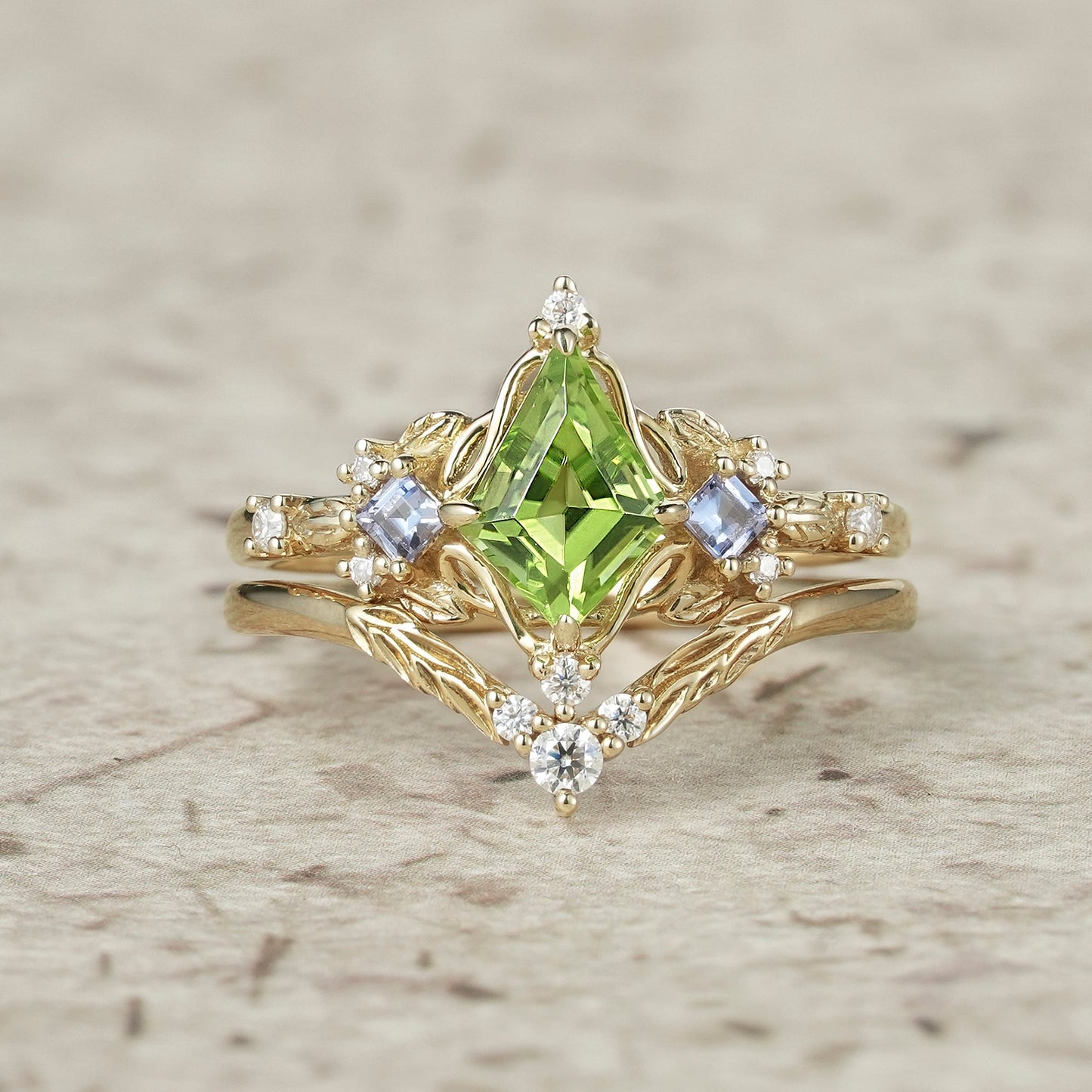 Three - Stone Peridot and Tanzanite Leaf Ring Set - Celestine - GemsMagic