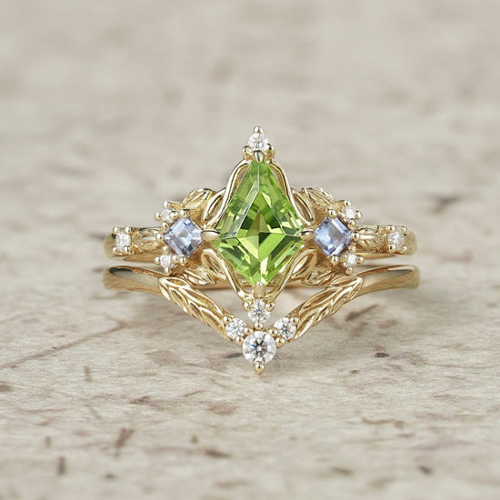 Three - Stone Peridot and Tanzanite Leaf Ring Set - Celestine - GemsMagic