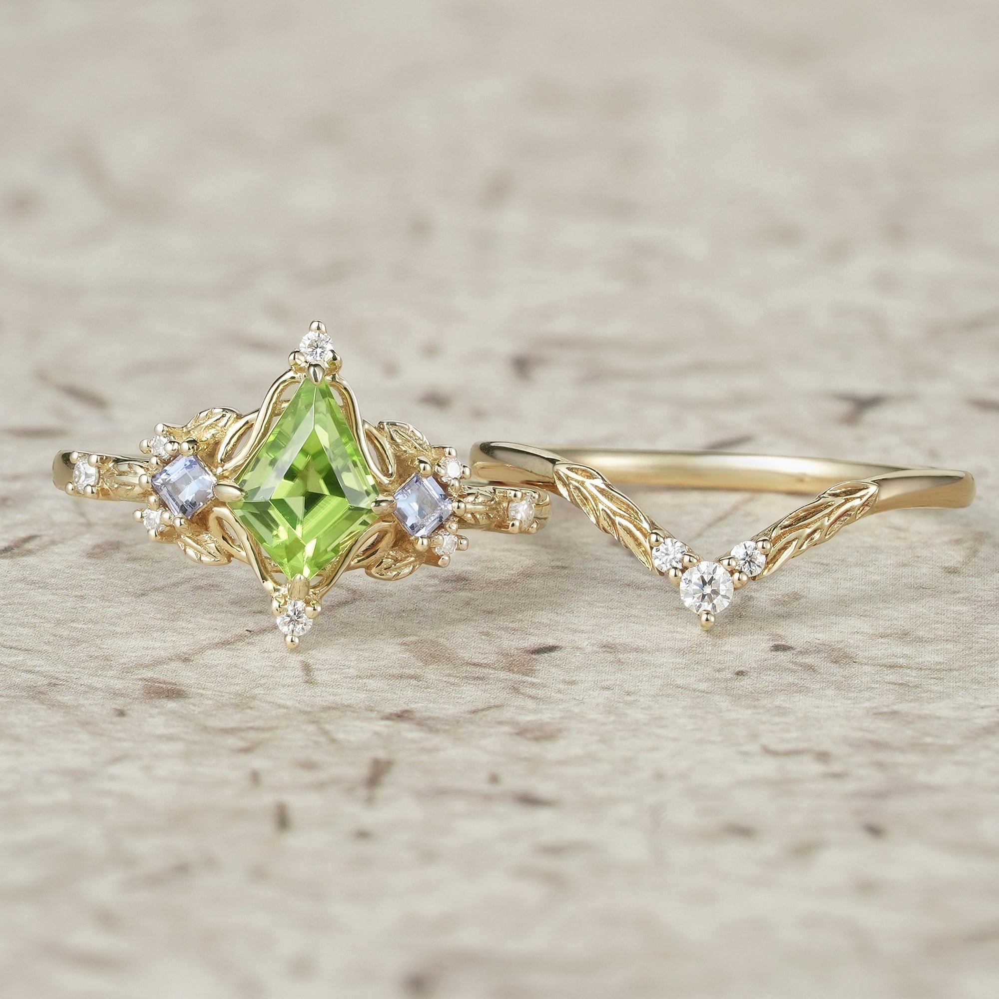 Three - Stone Peridot and Tanzanite Leaf Ring Set - Celestine - GemsMagic