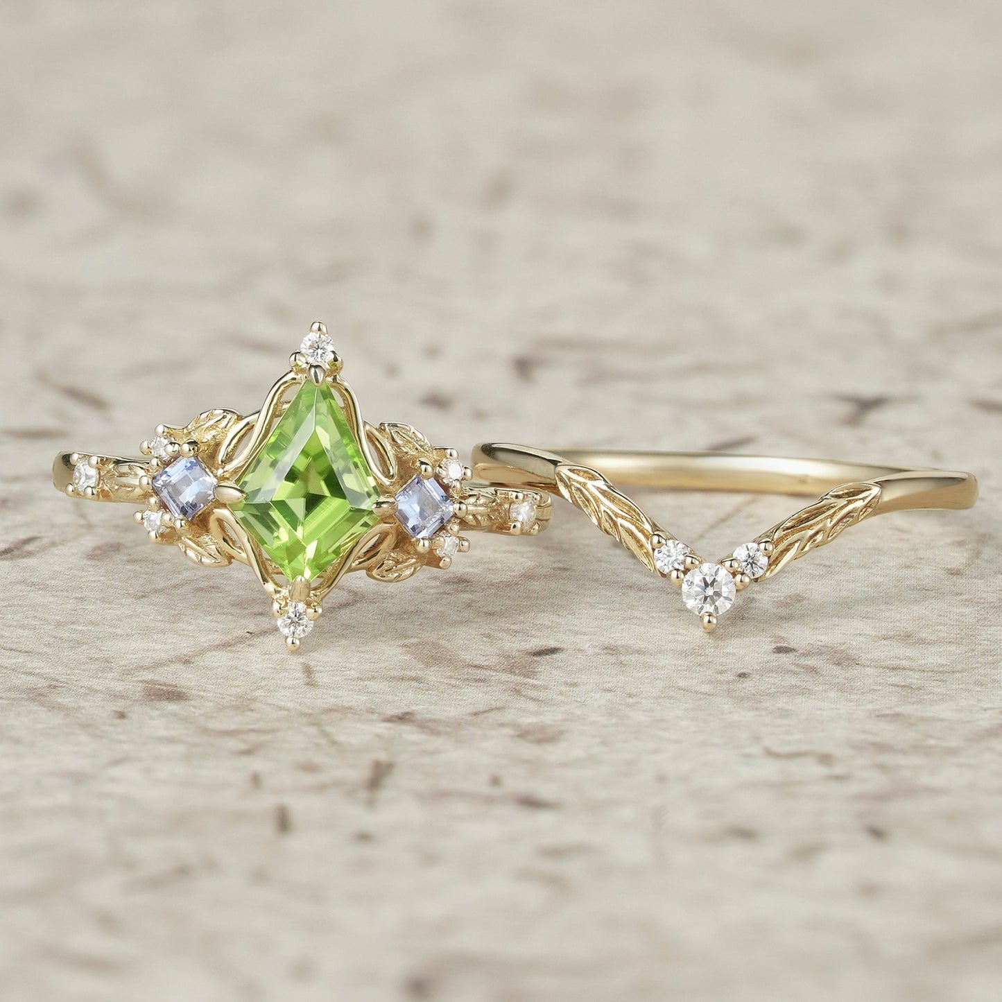 Three - Stone Peridot and Tanzanite Leaf Ring Set - Celestine - GemsMagic