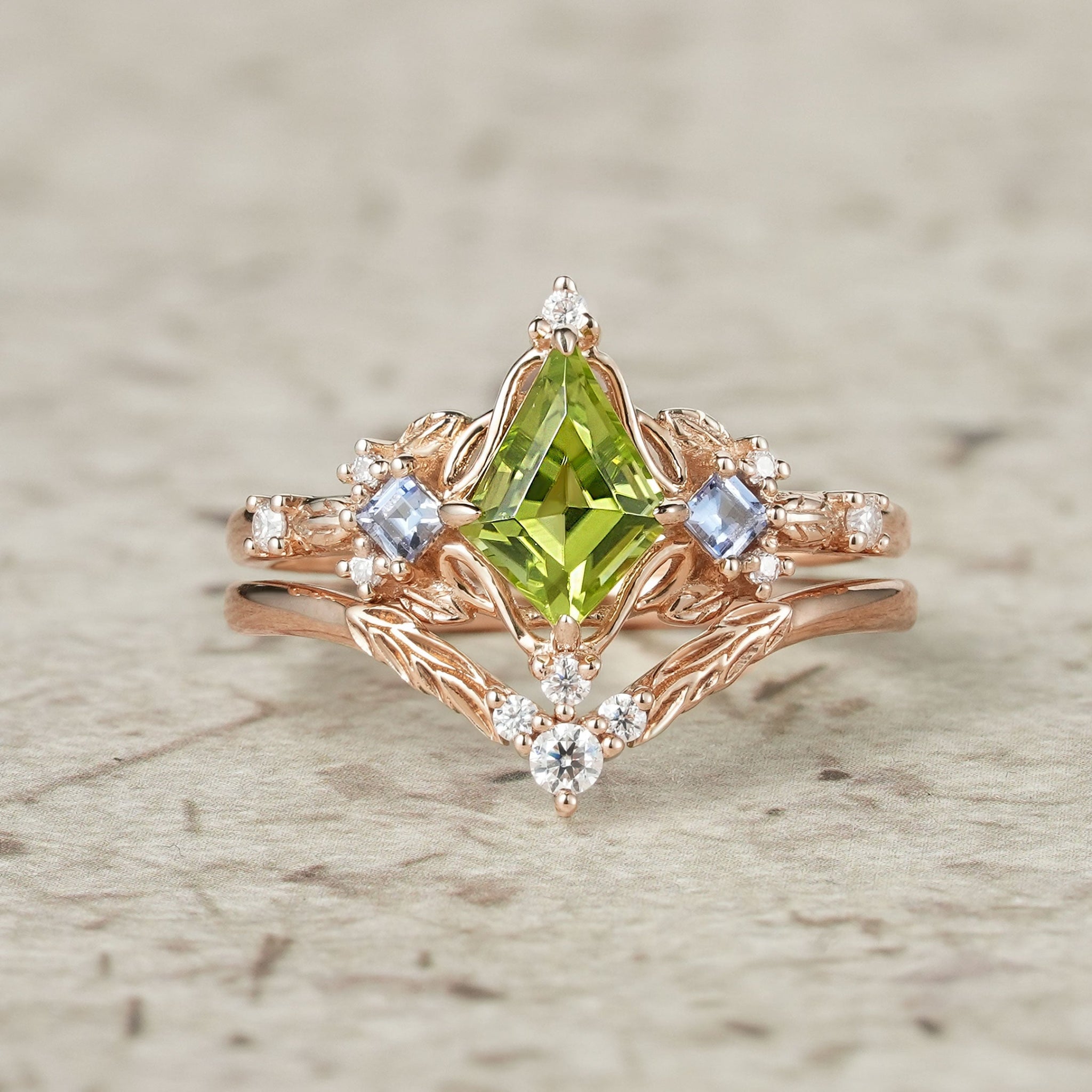 Three - Stone Peridot and Tanzanite Leaf Ring Set - Celestine - GemsMagic