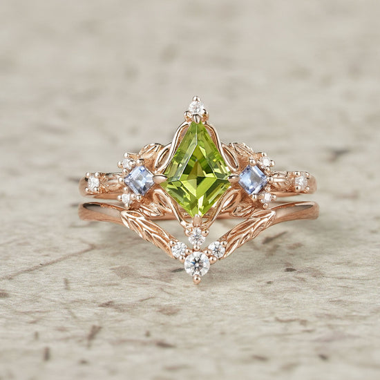 Three - Stone Peridot and Tanzanite Leaf Ring Set - Celestine - GemsMagic
