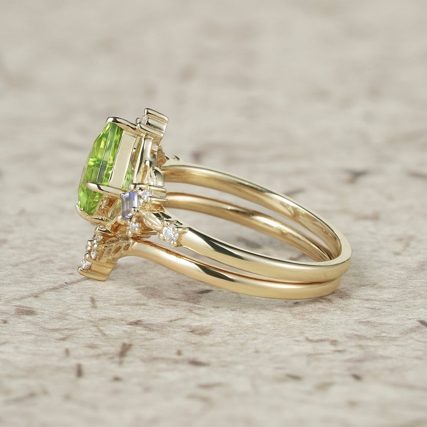 Three - Stone Peridot and Tanzanite Leaf Ring Set - Celestine - GemsMagic