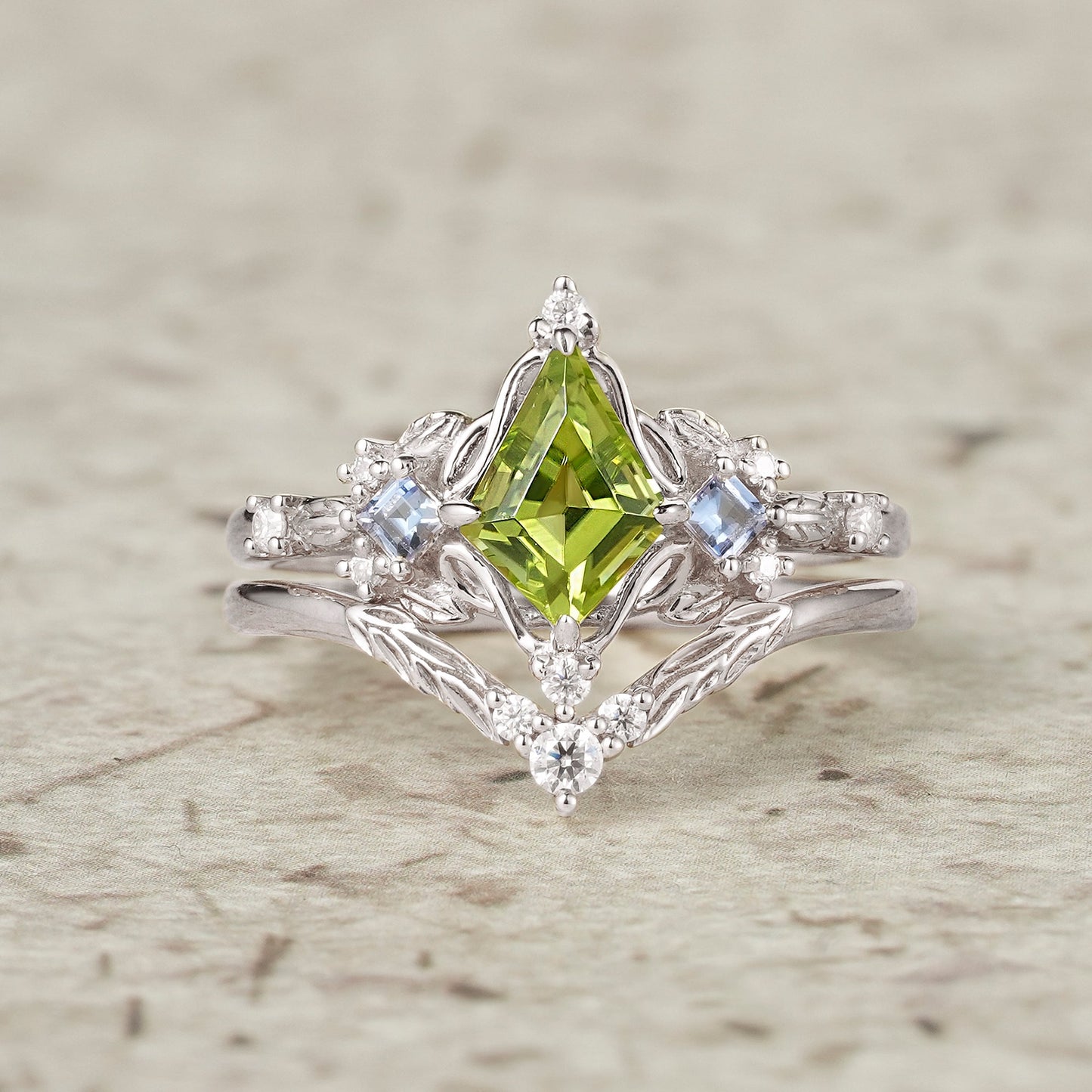 Three - Stone Peridot and Tanzanite Leaf Ring Set - Celestine - GemsMagic