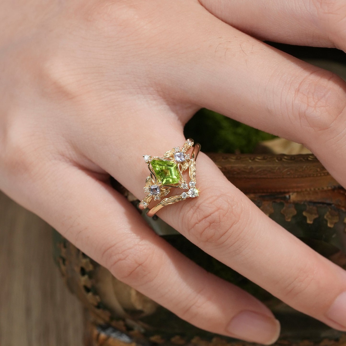 Three - Stone Peridot and Tanzanite Leaf Ring Set - Celestine - GemsMagic