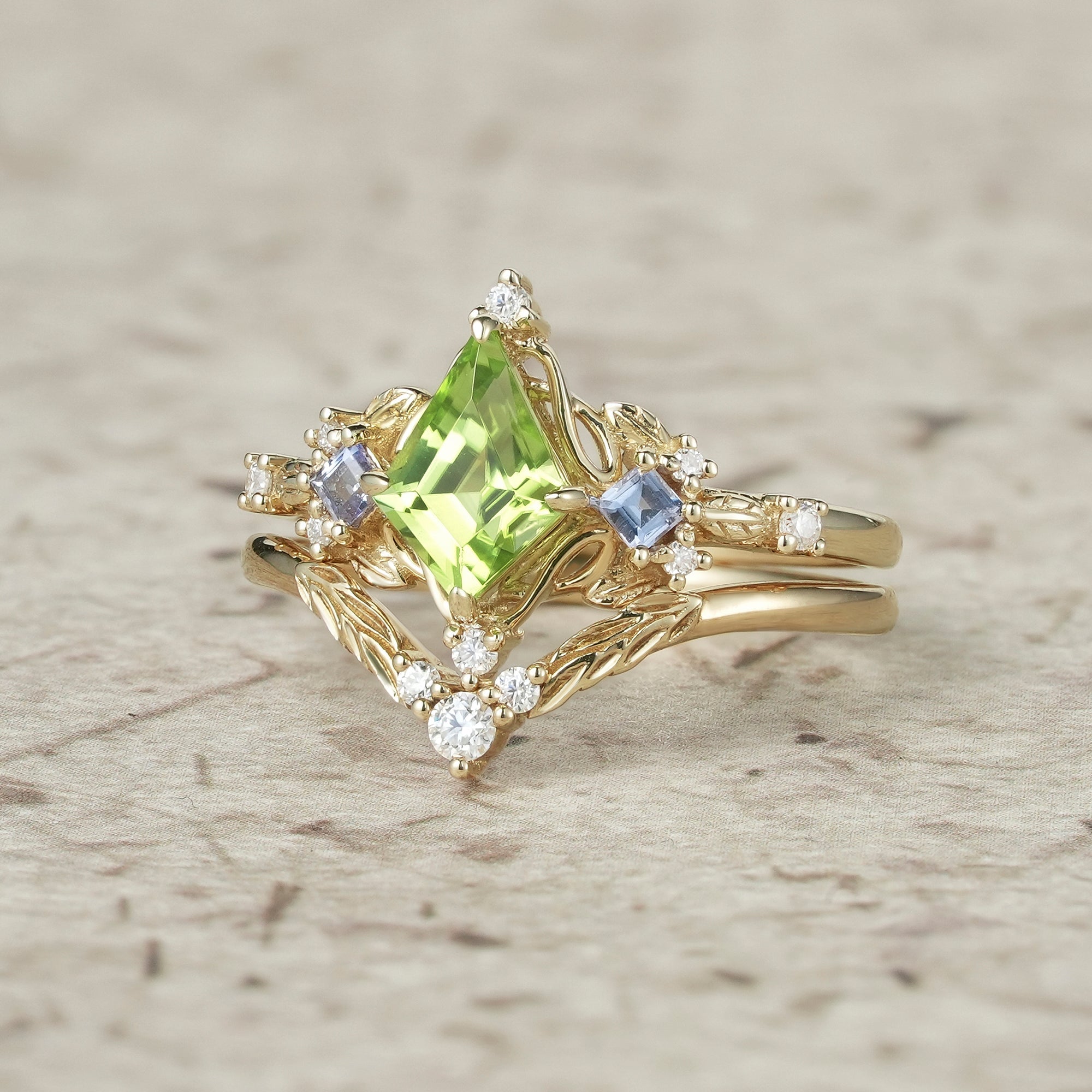 Three - Stone Peridot and Tanzanite Leaf Ring Set - Celestine - GemsMagic