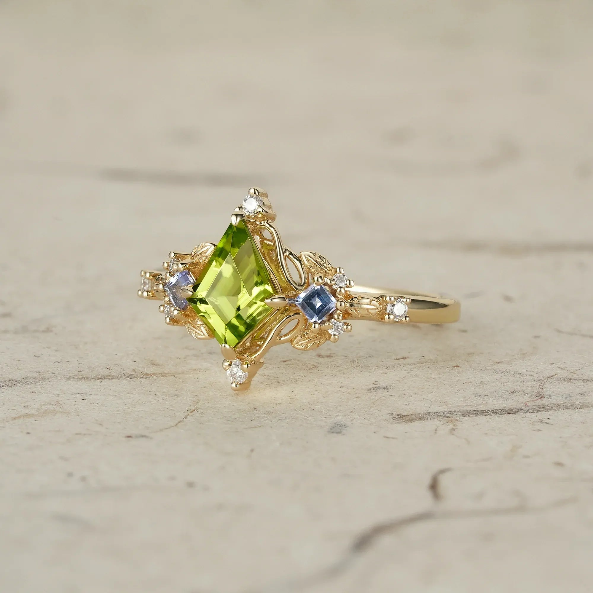 Three - Stone Peridot and Tanzanite Leaf Ring - Zoe - GemsMagic