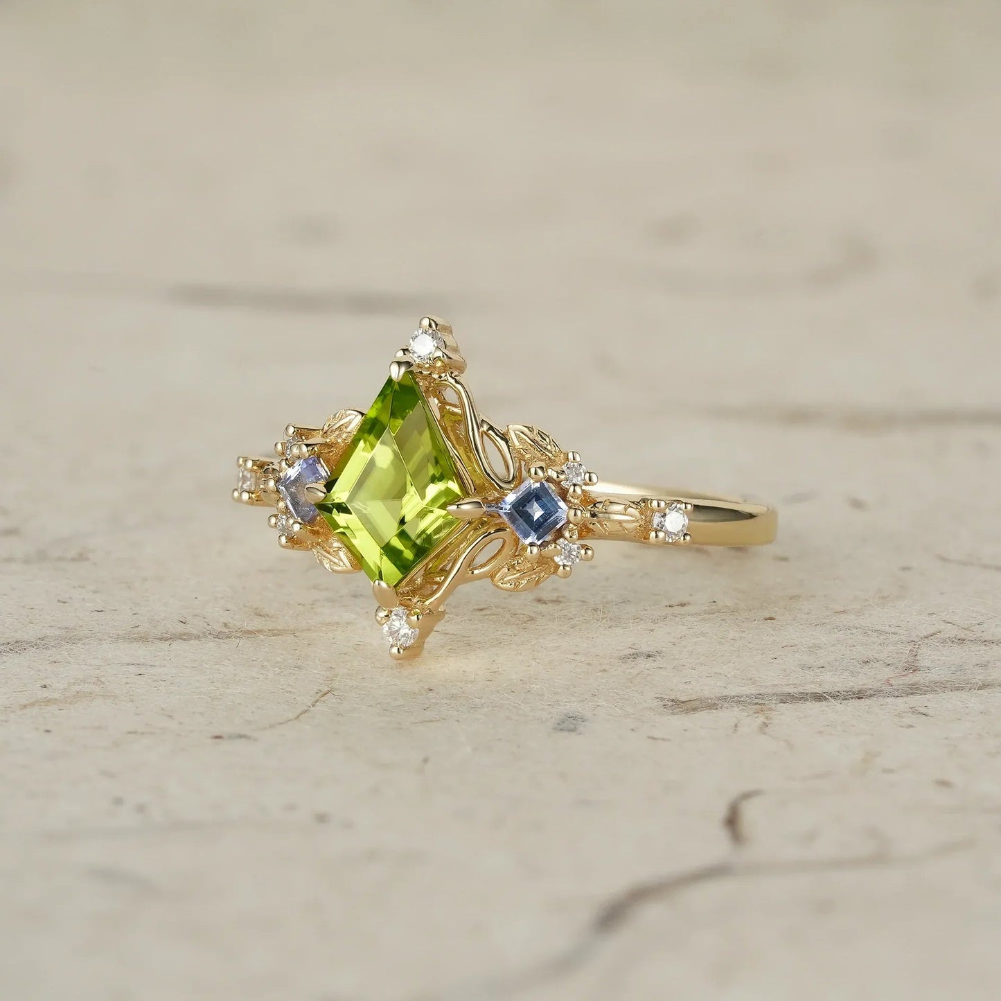 Three - Stone Peridot and Tanzanite Leaf Ring - Zoe - GemsMagic