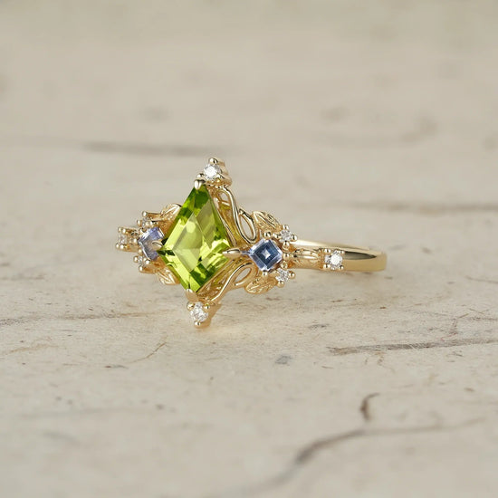 Three - Stone Peridot and Tanzanite Leaf Ring - Zoe - GemsMagic