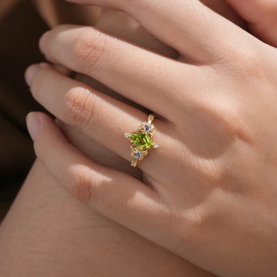 Three - Stone Peridot and Tanzanite Leaf Ring - Zoe - GemsMagic