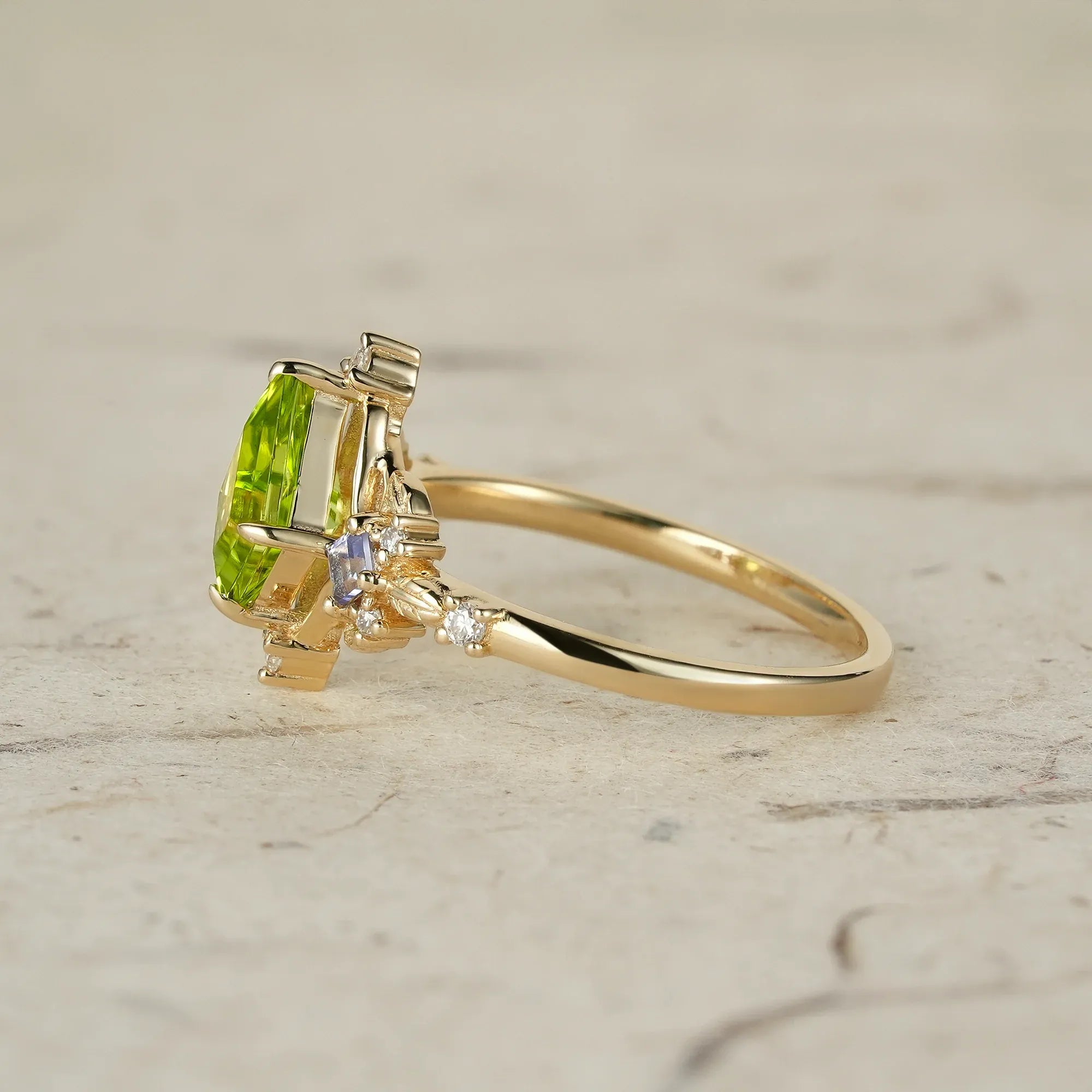 Three - Stone Peridot and Tanzanite Leaf Ring - Zoe - GemsMagic