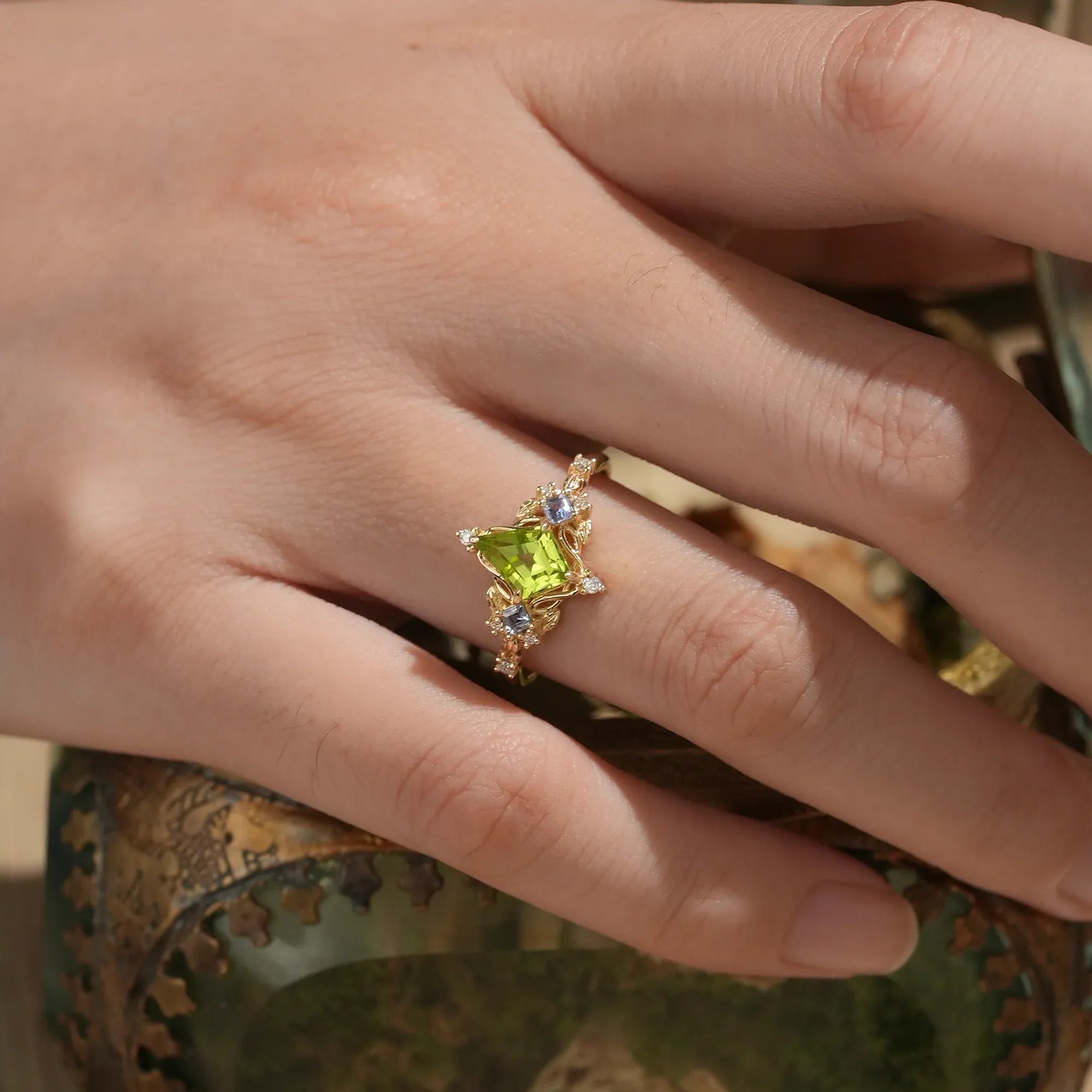 Three - Stone Peridot and Tanzanite Leaf Ring - Zoe - GemsMagic