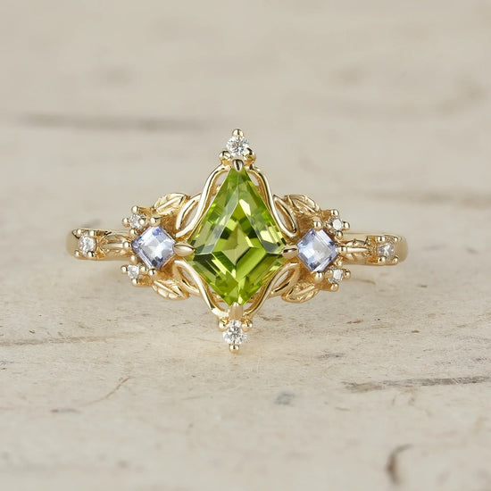Three - Stone Peridot and Tanzanite Leaf Ring - Zoe - GemsMagic