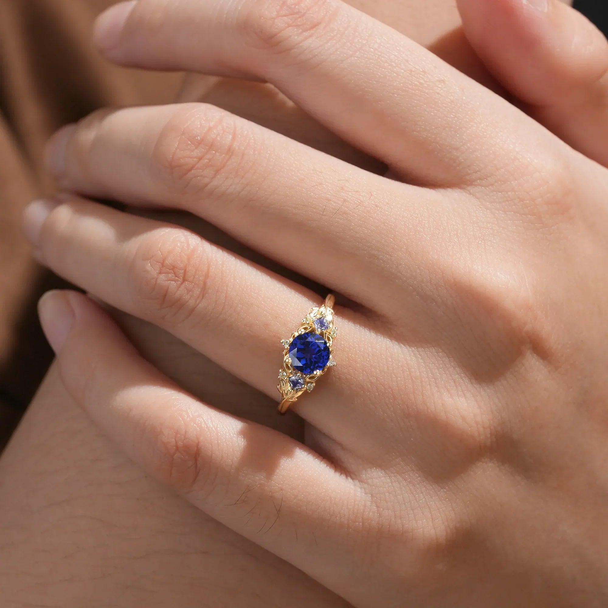 Three Stone Royal Blue Sapphire Engagement Ring - Estelle - GemsMagic