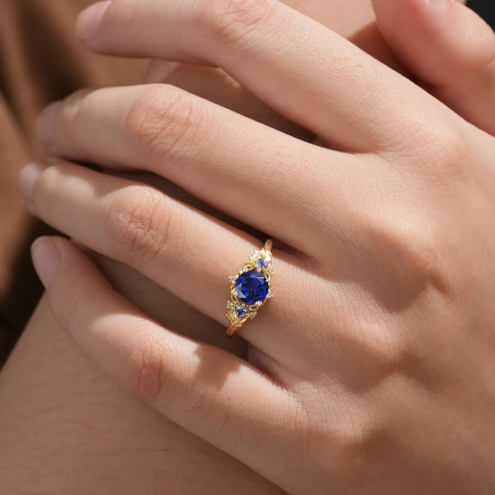 Three Stone Royal Blue Sapphire Engagement Ring - Estelle - GemsMagic