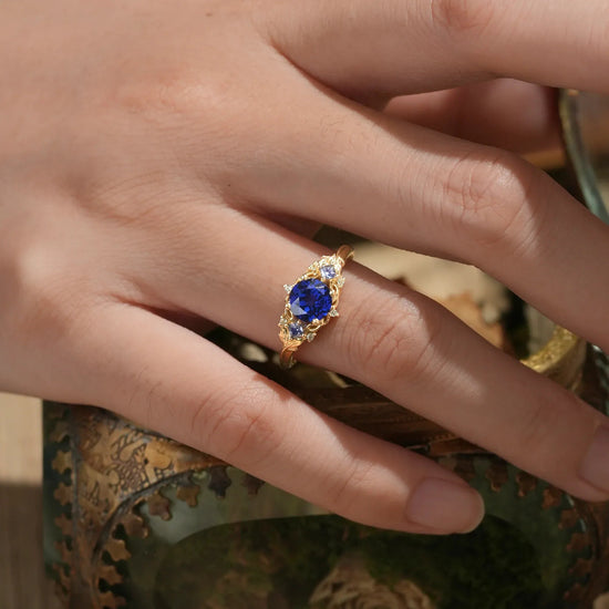 Three Stone Royal Blue Sapphire Engagement Ring - Estelle - GemsMagic