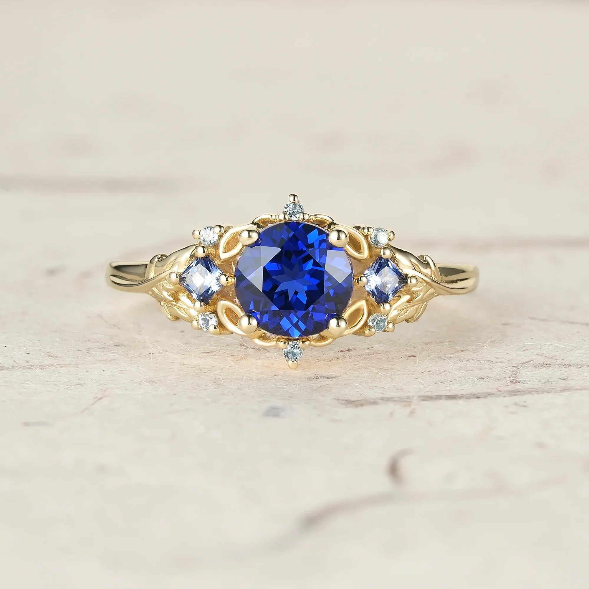 Three Stone Royal Blue Sapphire Engagement Ring - Estelle - GemsMagic