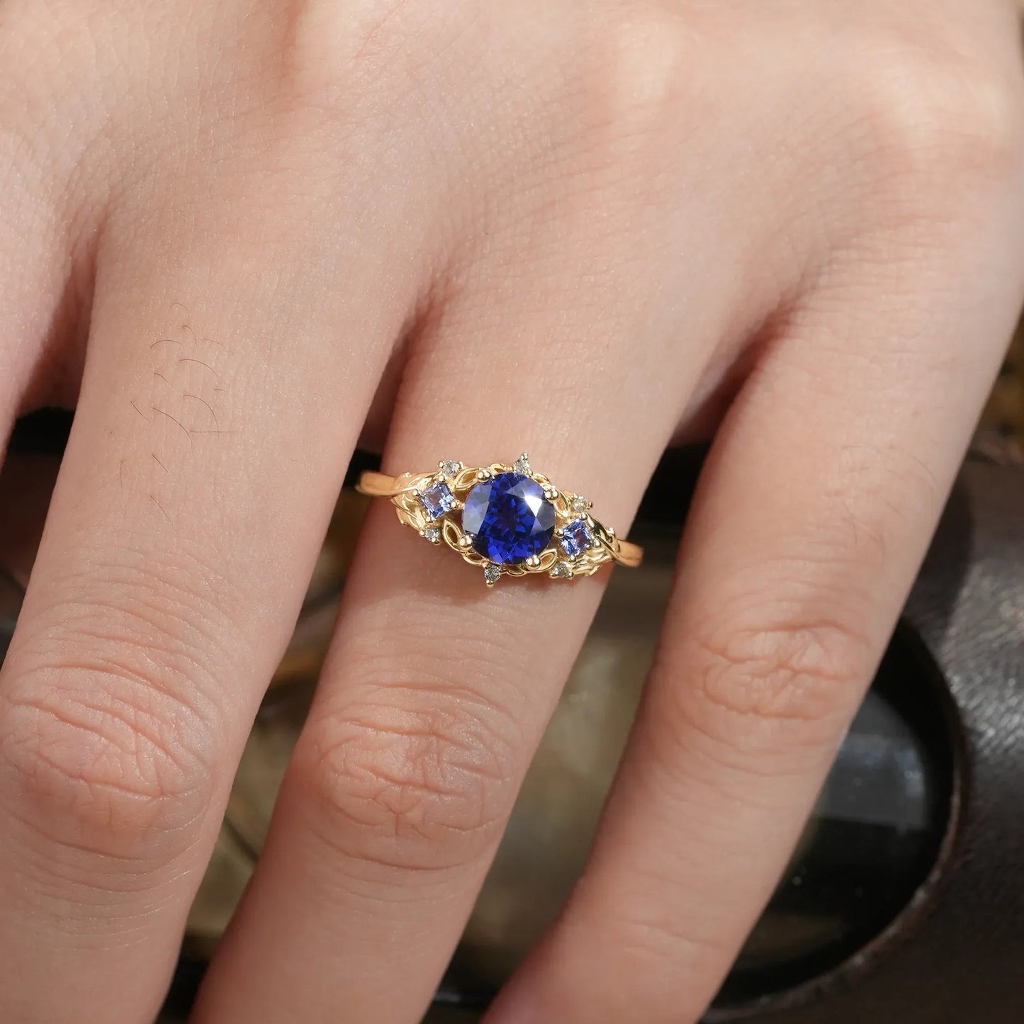 Three Stone Royal Blue Sapphire Engagement Ring - Estelle - GemsMagic