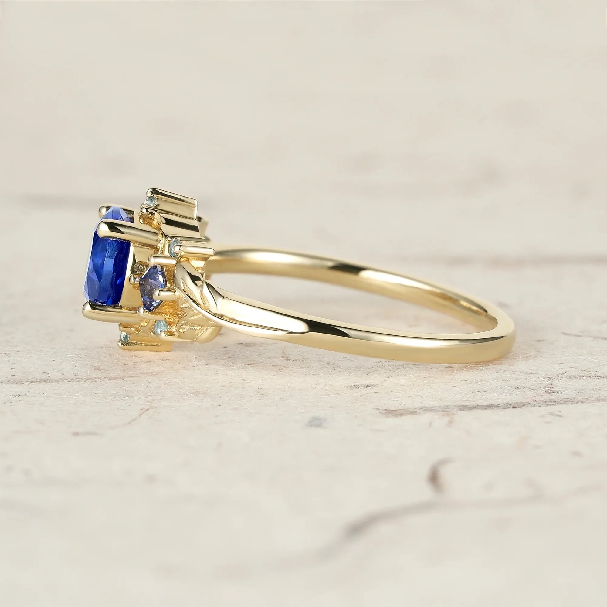 Three Stone Royal Blue Sapphire Engagement Ring - Estelle - GemsMagic
