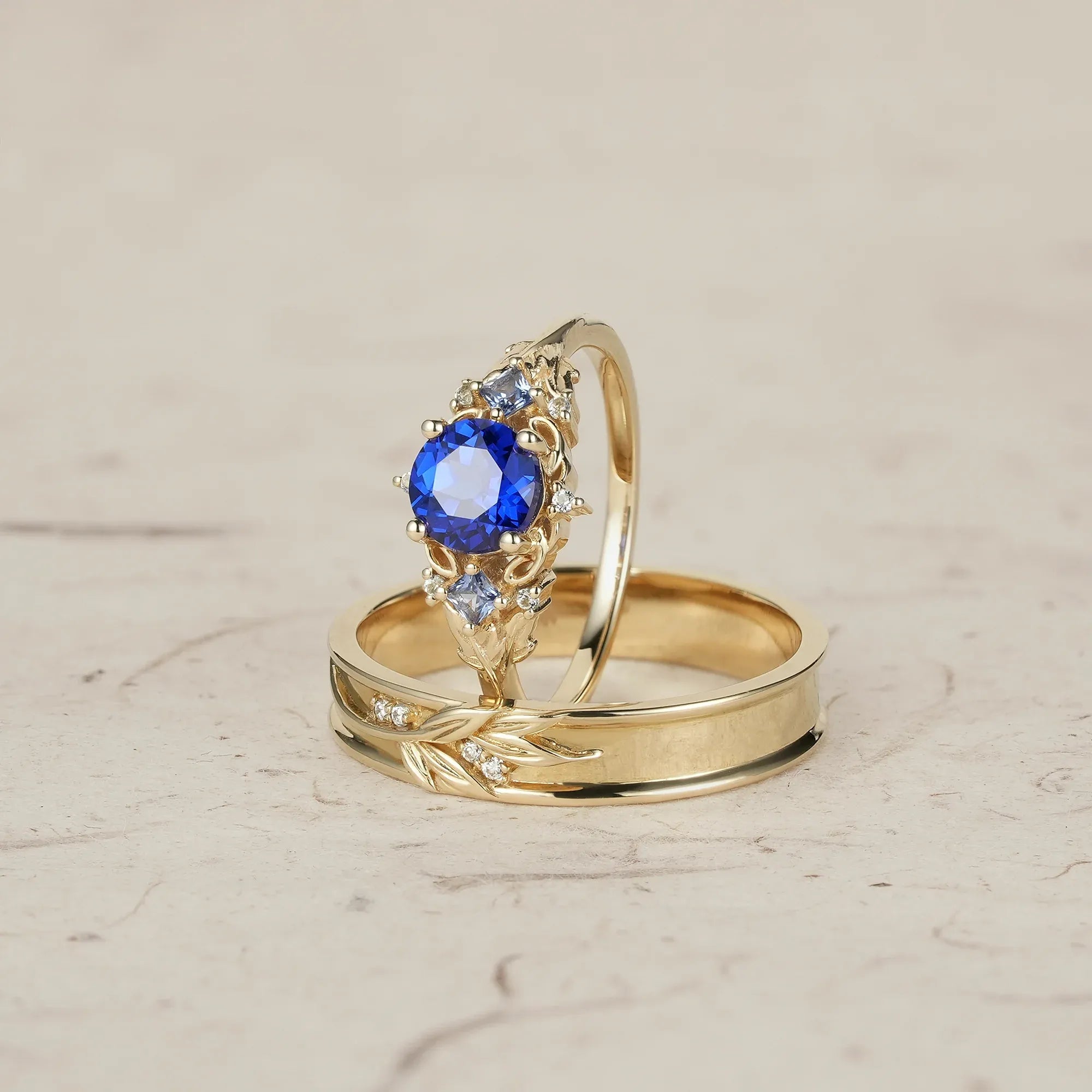 Three - Stone Royal Blue Sapphire Leaf Couple Rings - Infinite Unity - GemsMagic