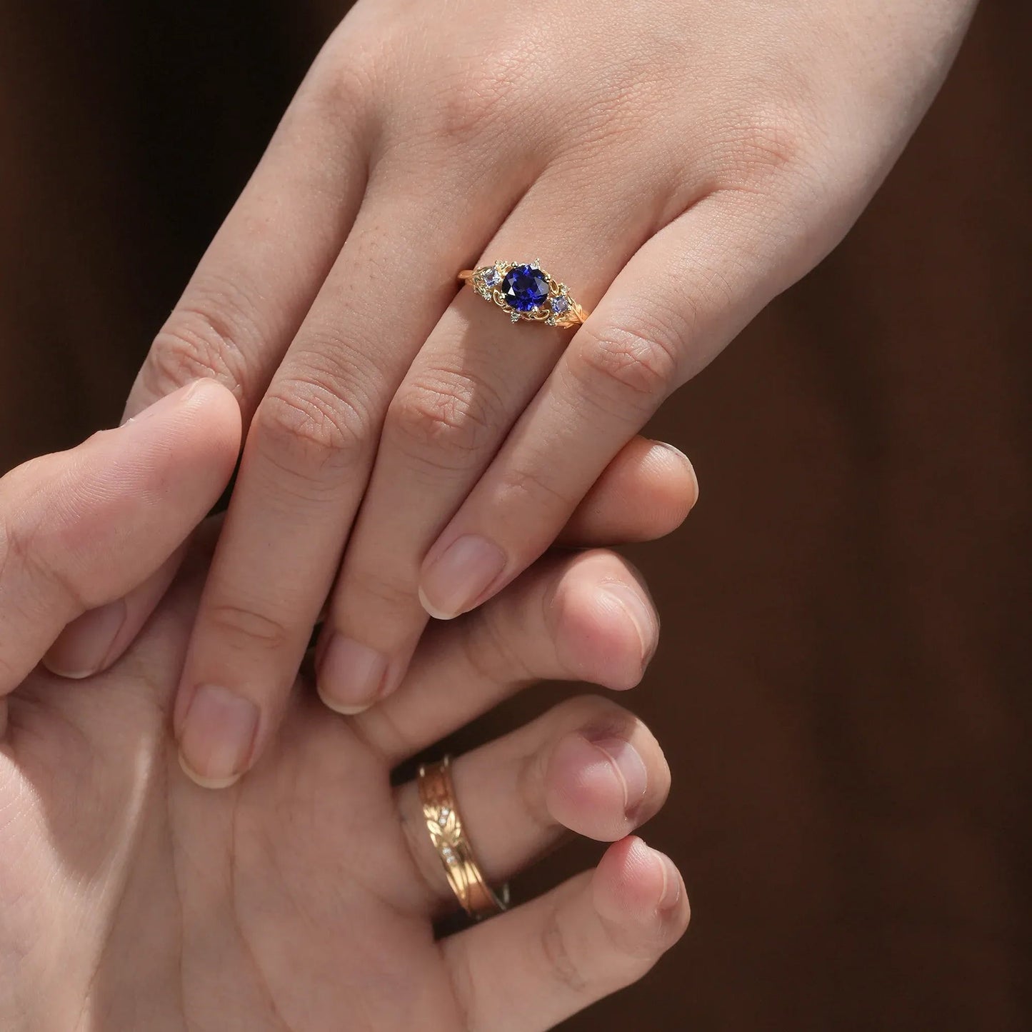 Three - Stone Royal Blue Sapphire Leaf Couple Rings - Infinite Unity - GemsMagic