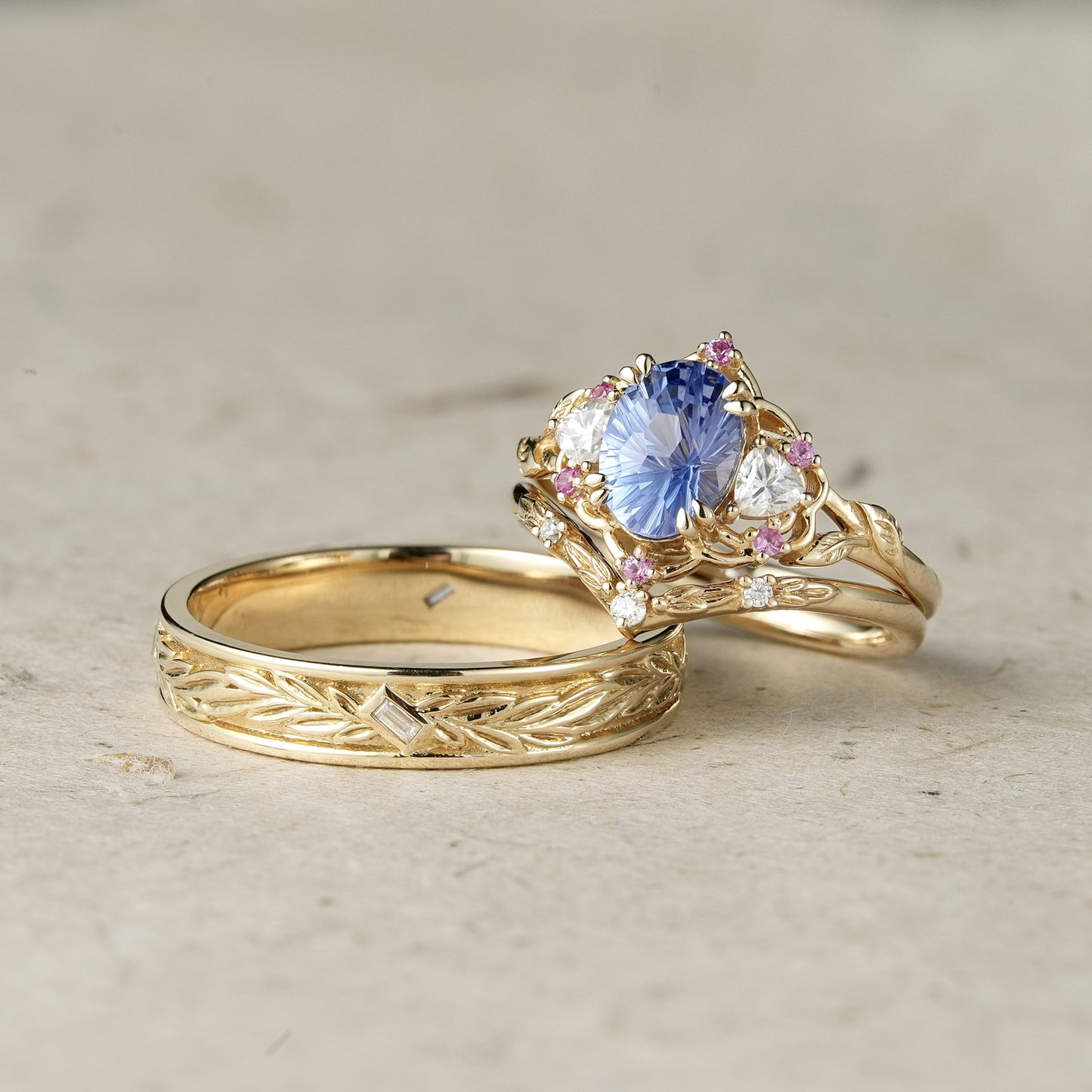 Three - Stone Sparkle Cut Cornflower Sapphire Couple Ring - His & Hers - GemsMagic