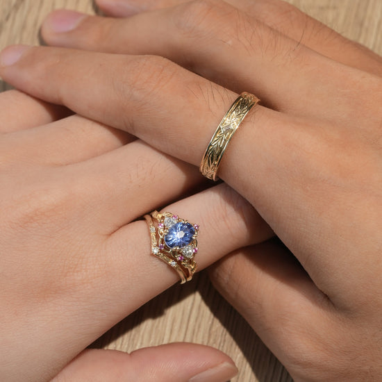 Three - Stone Sparkle Cut Cornflower Sapphire Couple Ring - His & Hers - GemsMagic