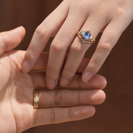 Three - Stone Sparkle Cut Cornflower Sapphire Couple Ring - His & Hers - GemsMagic