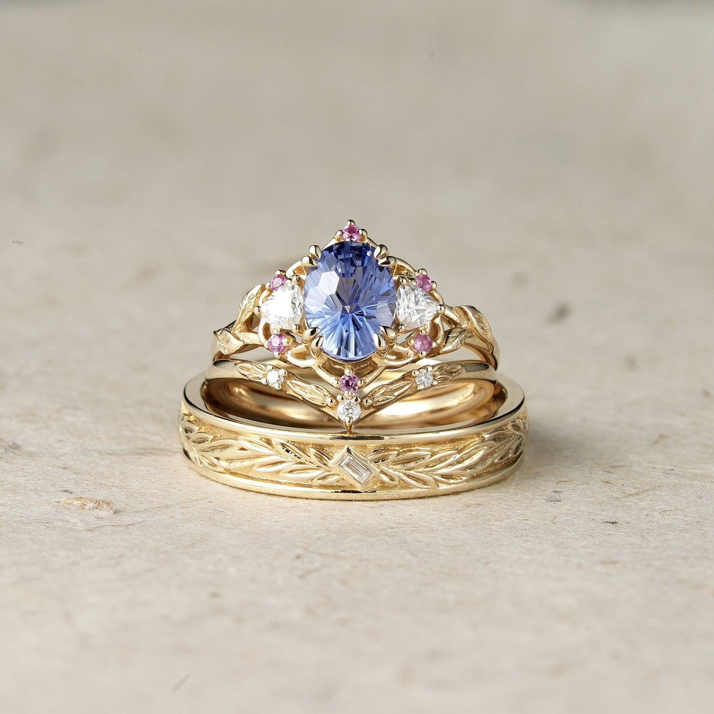 Three - Stone Sparkle Cut Cornflower Sapphire Couple Ring - His & Hers - GemsMagic
