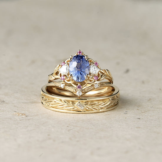 Three - Stone Sparkle Cut Cornflower Sapphire Couple Ring - His & Hers - GemsMagic