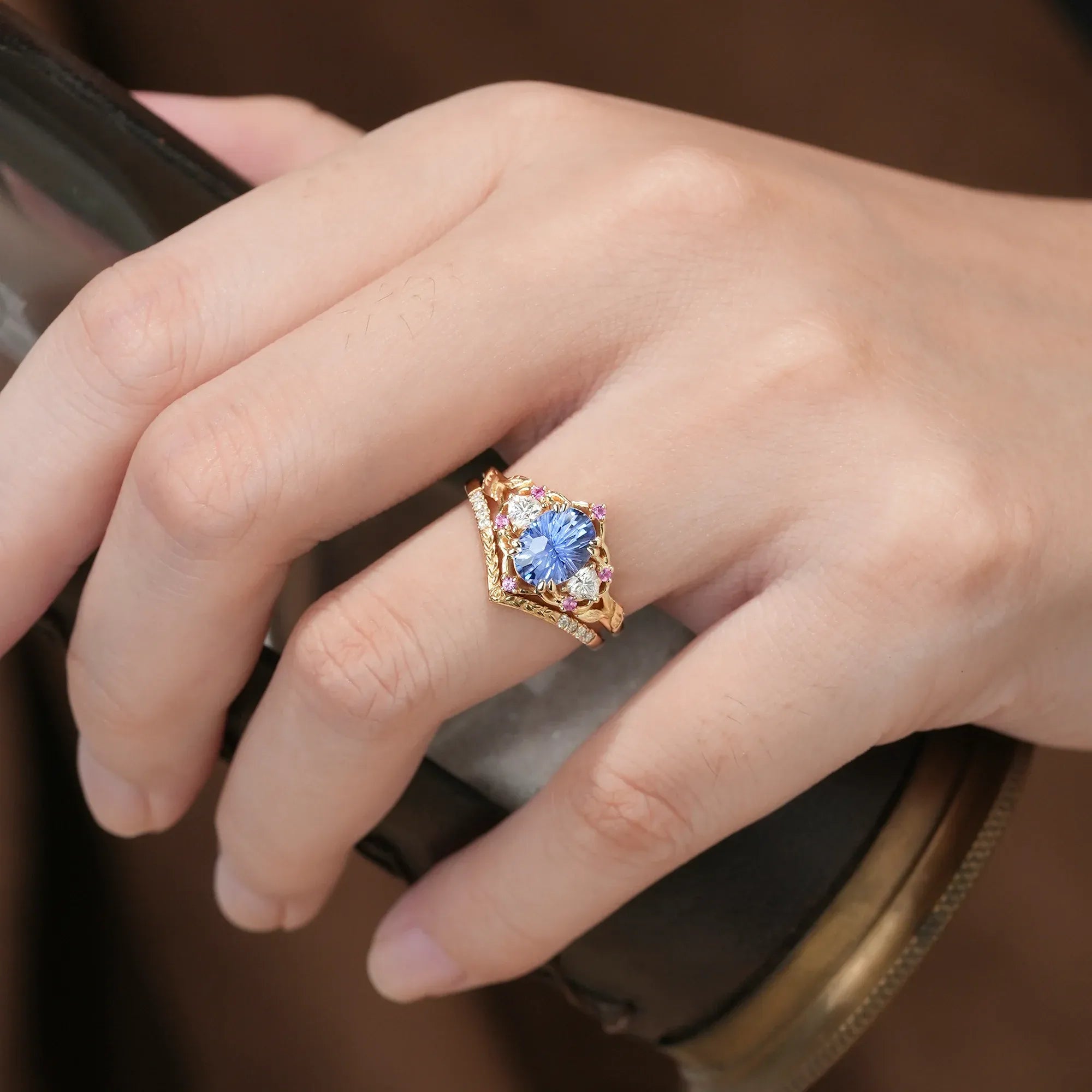 Three - Stone Sparkle Cut Sapphire and Moissanite Vintage Bridal Set - Gemma - GemsMagic