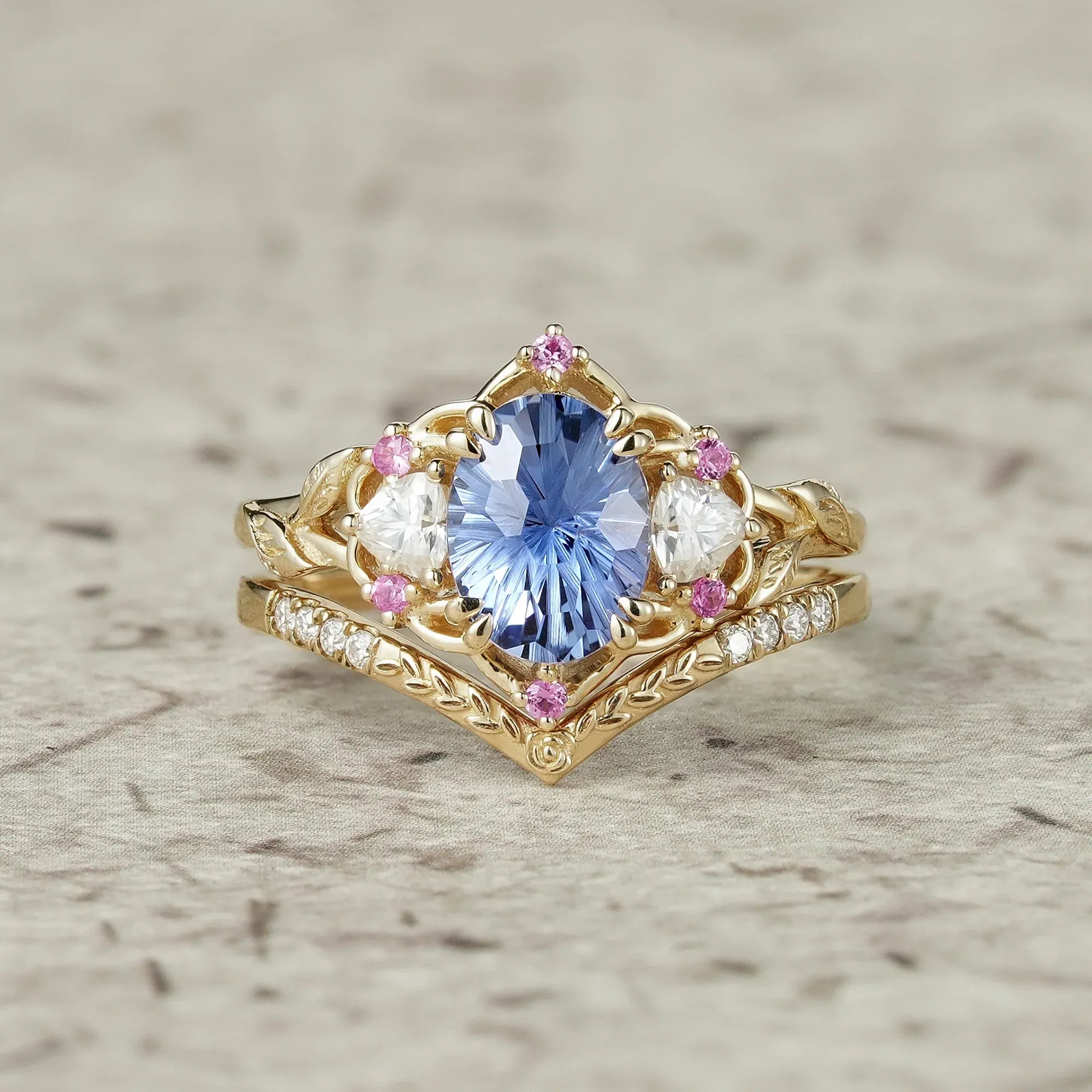 Three - Stone Sparkle Cut Sapphire and Moissanite Vintage Bridal Set - Gemma - GemsMagic