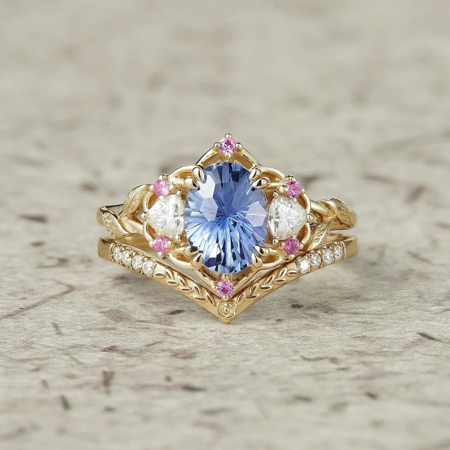 Three - Stone Sparkle Cut Sapphire and Moissanite Vintage Bridal Set - Gemma - GemsMagic