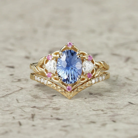Three - Stone Sparkle Cut Sapphire and Moissanite Vintage Bridal Set - Gemma - GemsMagic