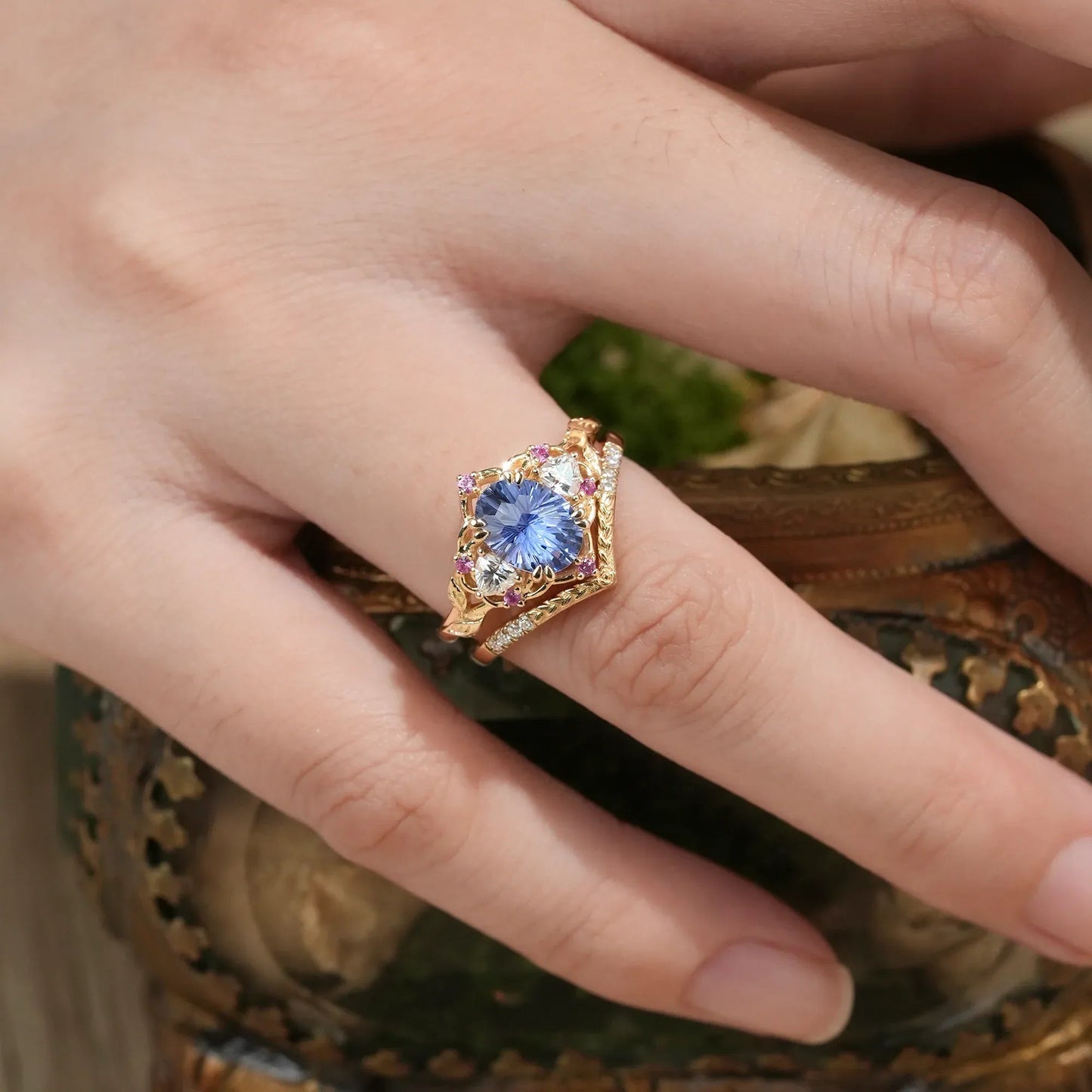 Three - Stone Sparkle Cut Sapphire and Moissanite Vintage Bridal Set - Gemma - GemsMagic