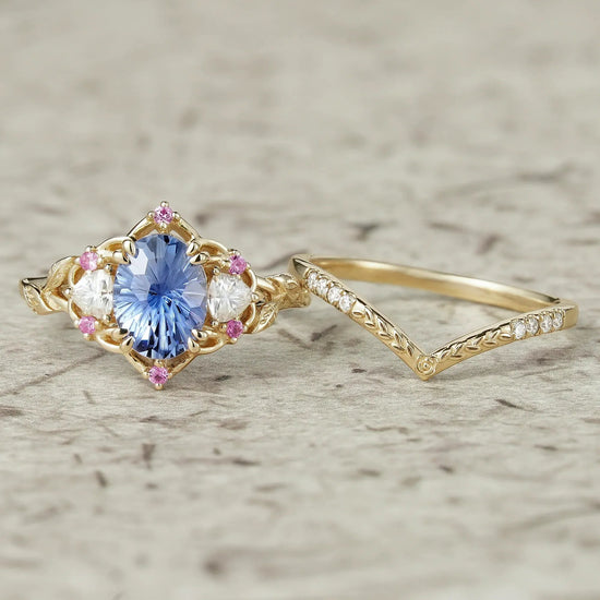 Three - Stone Sparkle Cut Sapphire and Moissanite Vintage Bridal Set - Gemma - GemsMagic