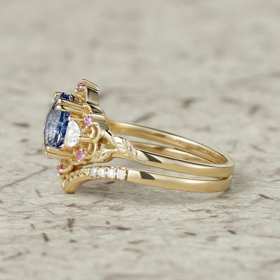 Three - Stone Sparkle Cut Sapphire and Moissanite Vintage Bridal Set - Gemma - GemsMagic