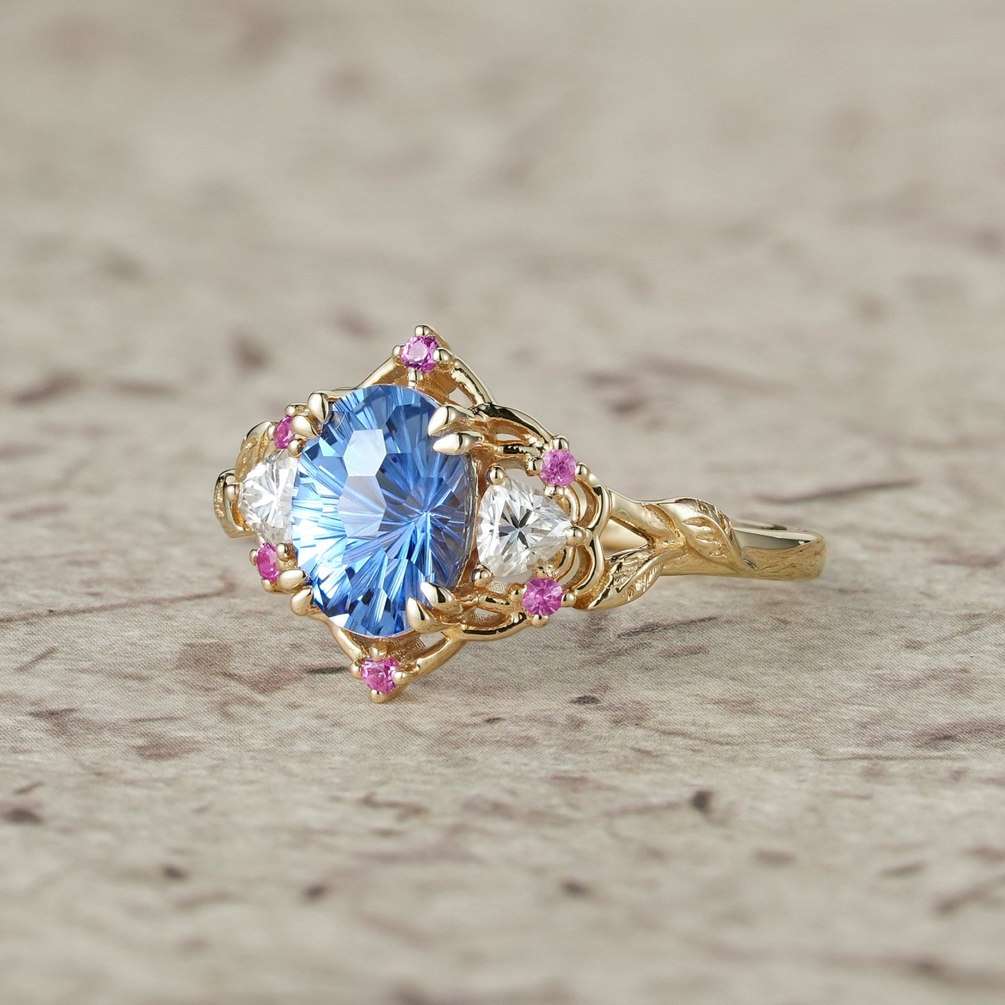 Three - Stone Sparkle Cut Sapphire Engagement Ring - Audrey - GemsMagic